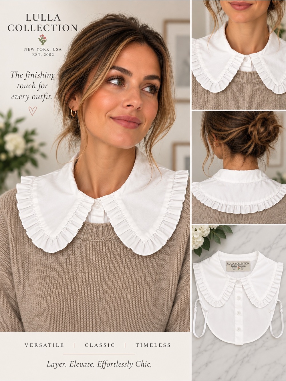 Lulla Collection NY White Detachable Ruffled Lace-Effect Butterfly Collar Dickie